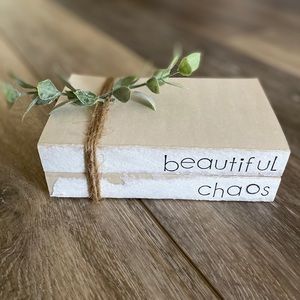 Farmhouse hand stamped book stack decor